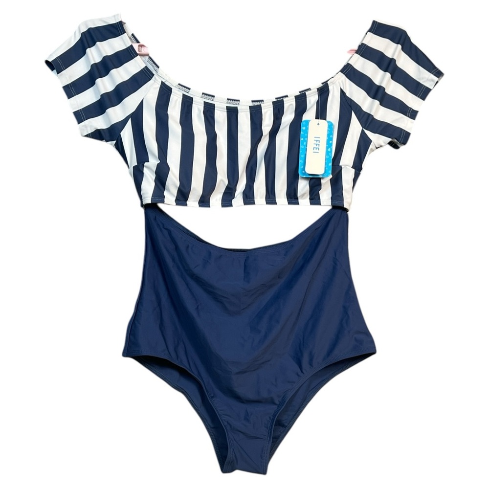 IFFEI Women's Blue & White Striped One-Piece Scoop Neck Swimsuit, Size‎ XL